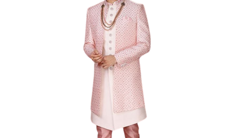 Pink Cotton Silk Jacket Style Indo-Western Sherwani Design photo