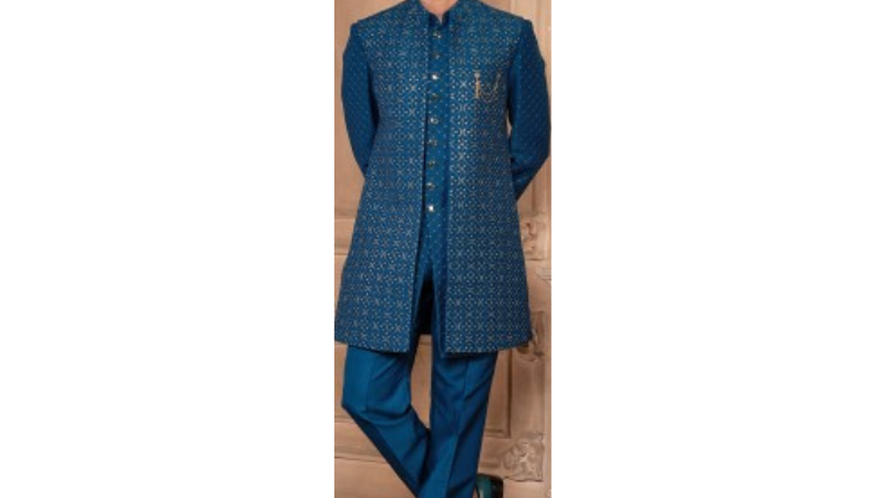 Rama Blue Indowestern Cotton Silk Sherwani Design photo
